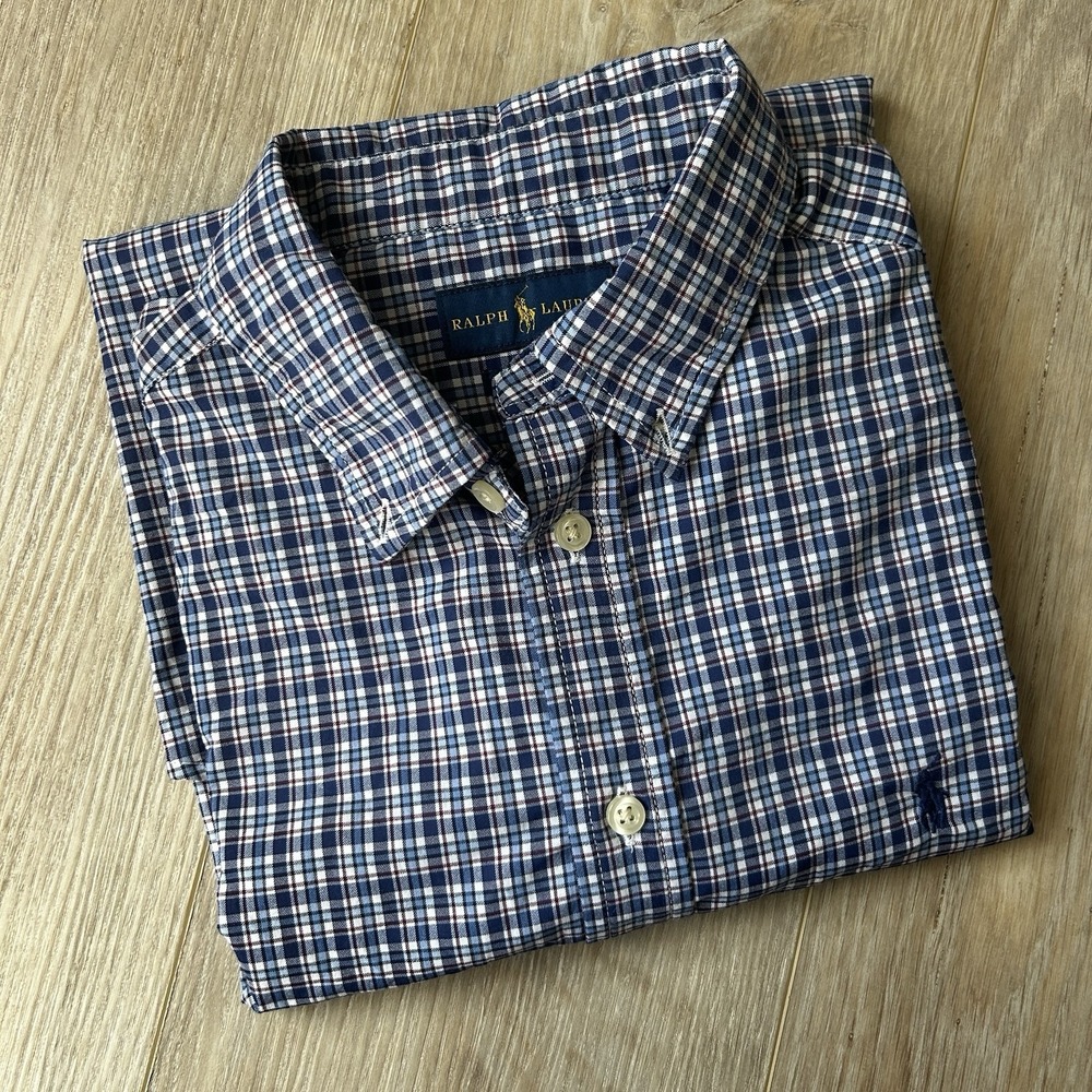 Ralph Lauren Shirt Youth Large‎ Blue Embroidered PonyCasual Button Up Blue Plaid